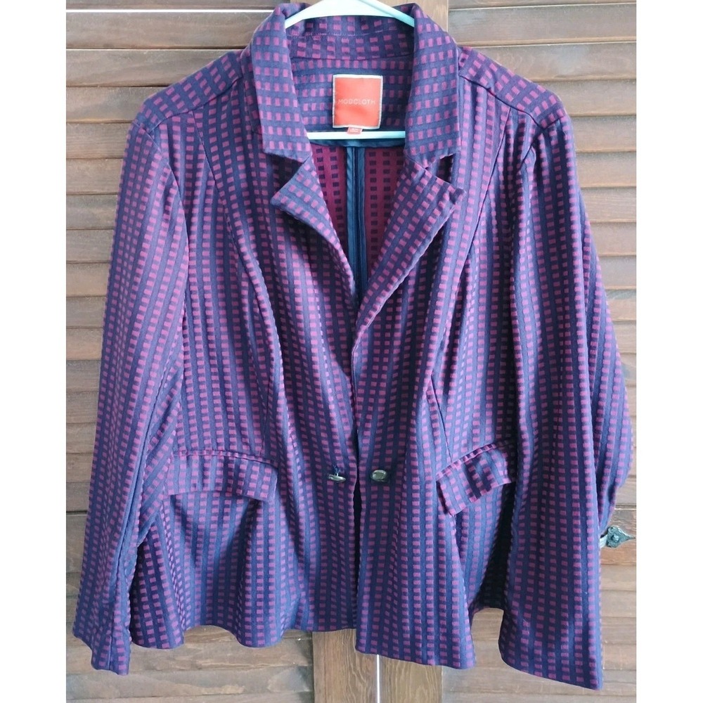 Modcloth Blazer Womens Large Maroon Grid Bow Check‎ Peplum Jacket Preppy Retro